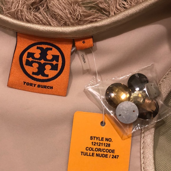 New Tory Burch Nude Top with Gems & Fringes - Picture 4 of 6